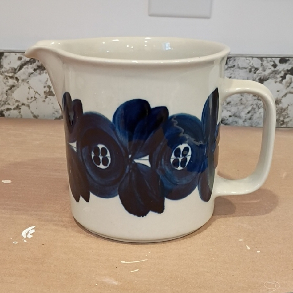 Vintage Arbia Pitcher Finland Blue Anemona Ulla Procope Stoneware Flowers Leaves